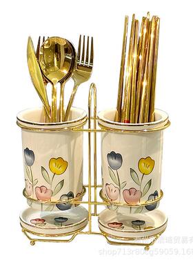 轻奢瓷筷筒盒筷篓沥水双桶创意餐具陶筷子收纳置筷物架筷子筒KZT-