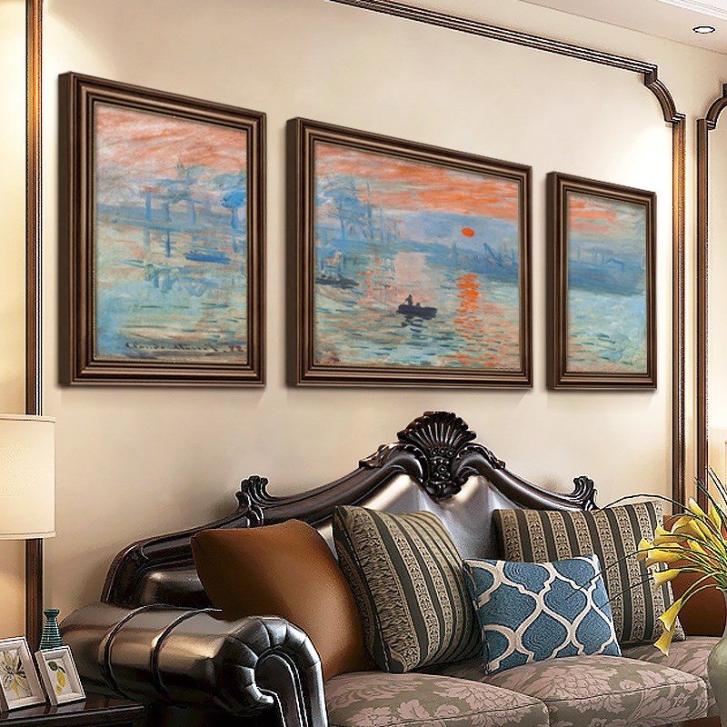 莫奈世界名画美式客厅装饰画沙发背景墙三K联挂画复古油画梵高壁