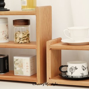 樱桃木餐边柜多层置物架全实木茶杯茶具博古架桌面整理Z收纳免安