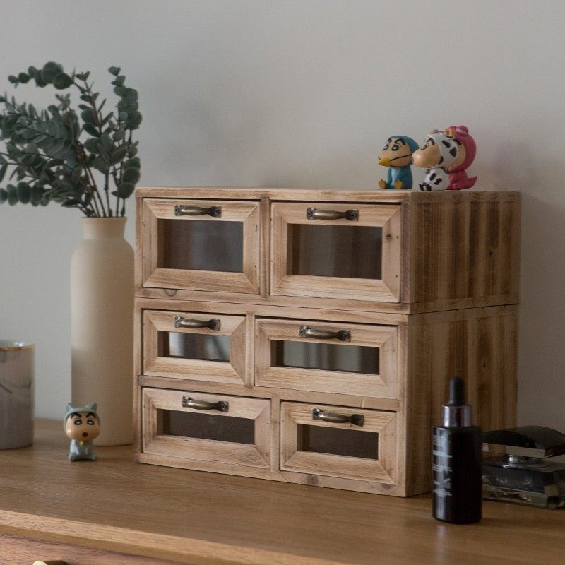 日式复古实木火烧纹桌面手账收纳盒抽屉胶带工具钥匙杂Z物整理盒