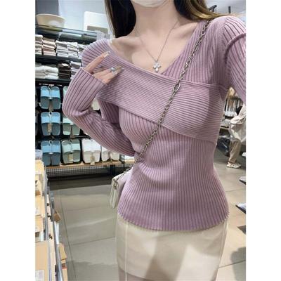 绝美miu系早秋不规则交叉打底衫女内搭风情万种长袖修身针织上衣