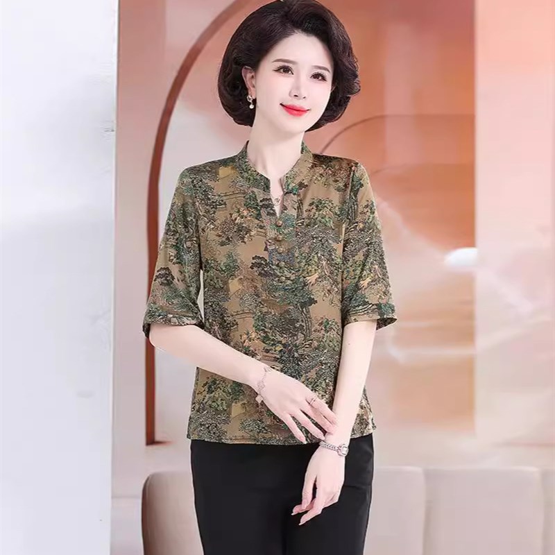 中国风复古唐装真丝提花上衣新中式C桑蚕丝V领五分袖套头衫女式T