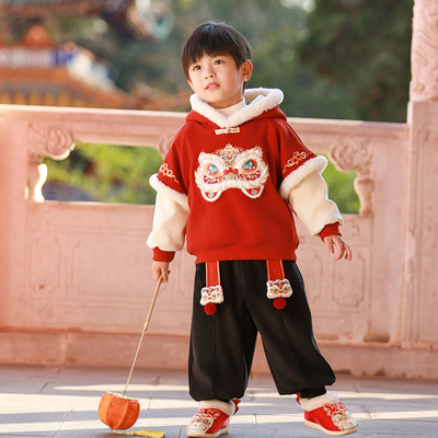 汉服男女童冬款儿童加绒加厚红色喜庆拜年服中国风兄妹装加厚套装