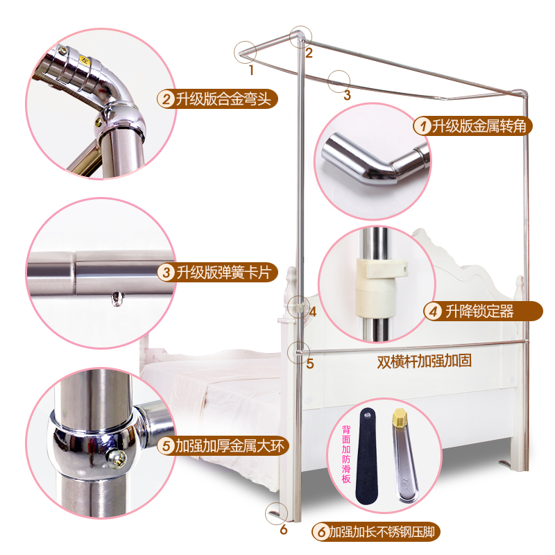 三开门升降蚊帐U型可伸缩落地不锈钢支架1.2/1.5m1V.8米双人家用