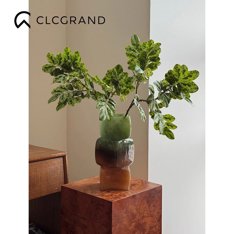 中古风绿色几何方块玻璃花瓶高级感客G厅插花装饰花器餐桌复古摆