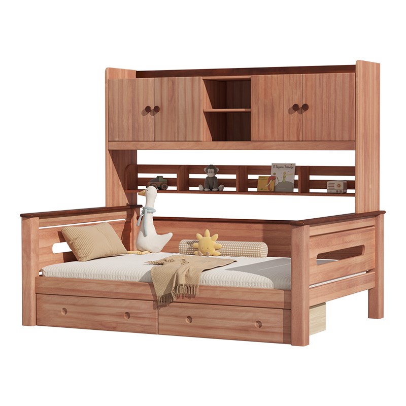 全实木衣柜床一体儿童床红檀木书架床多I功能高箱储物床榻榻米组