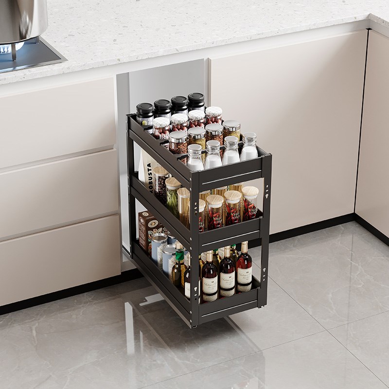 厨房橱柜拉篮窄柜调味篮调料置物架多层H储物底轨铝合金转角150柜