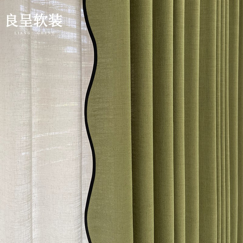 杏花微雨 波浪边复古纱帘中古透光E不透人窗纱客厅奶油亚麻新款