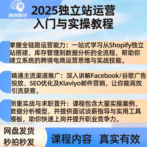 独立站运营全链路实战 Shopify建站谷歌Facebook广告投流SEO优化