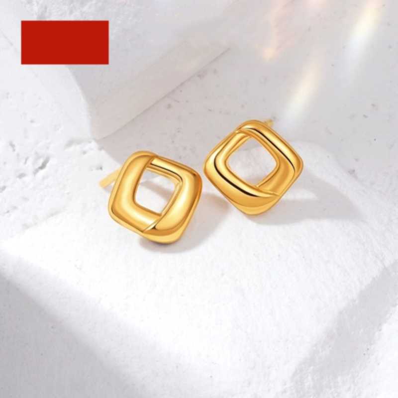 18K金小方糖耳钉菱形纯银黄金