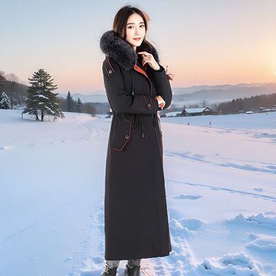 可拆卸羽绒服90白鹅绒内胆加长款冬加厚派克服狐狸毛领女外套大衣