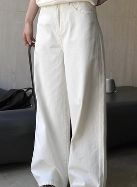 速发白色直筒牛仔裤2024年新工款韩版高腰宽松?休装闲阔腿长裤