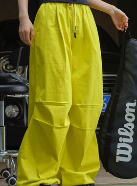 速发黄色休降廓形工装裤春季新闲韩版复古款落伞阔腿宽松伞兵长裤