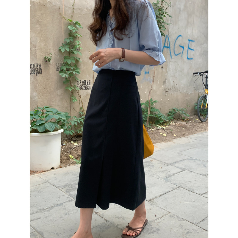 速发韩系欧尼通a风百款半身裙夏中长款高腰勤字裙薄褶藏蓝色裙