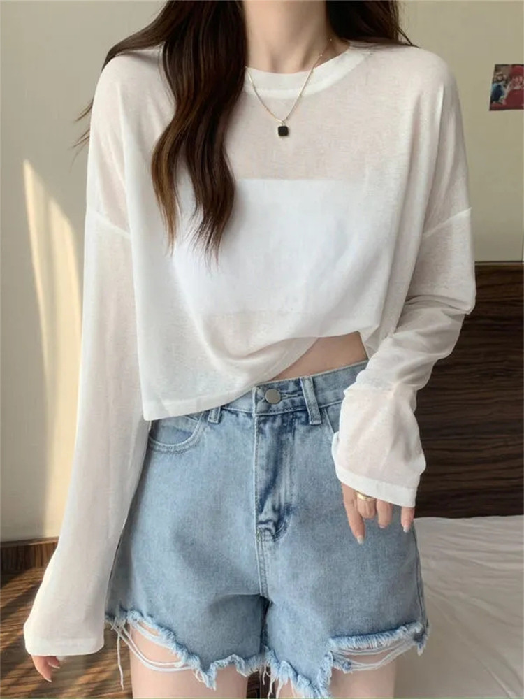 速发宽松薄t防晒罩衫夏高腰短款针织款衣色上恤长袖空调衫