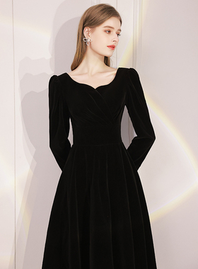 速发黑色小晚礼服裙单时可穿绒质年会宴简平长袖法式丝气连衣裙