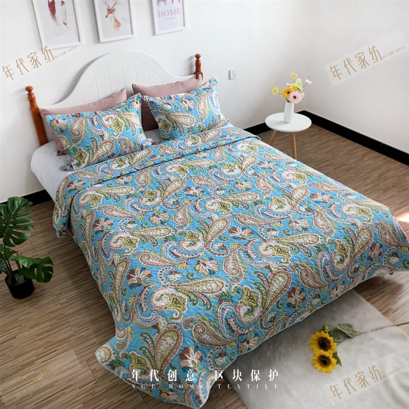 外贸床盖三件套原单加厚绗缝x民族风 欧美田园枕套加大双人褥床单