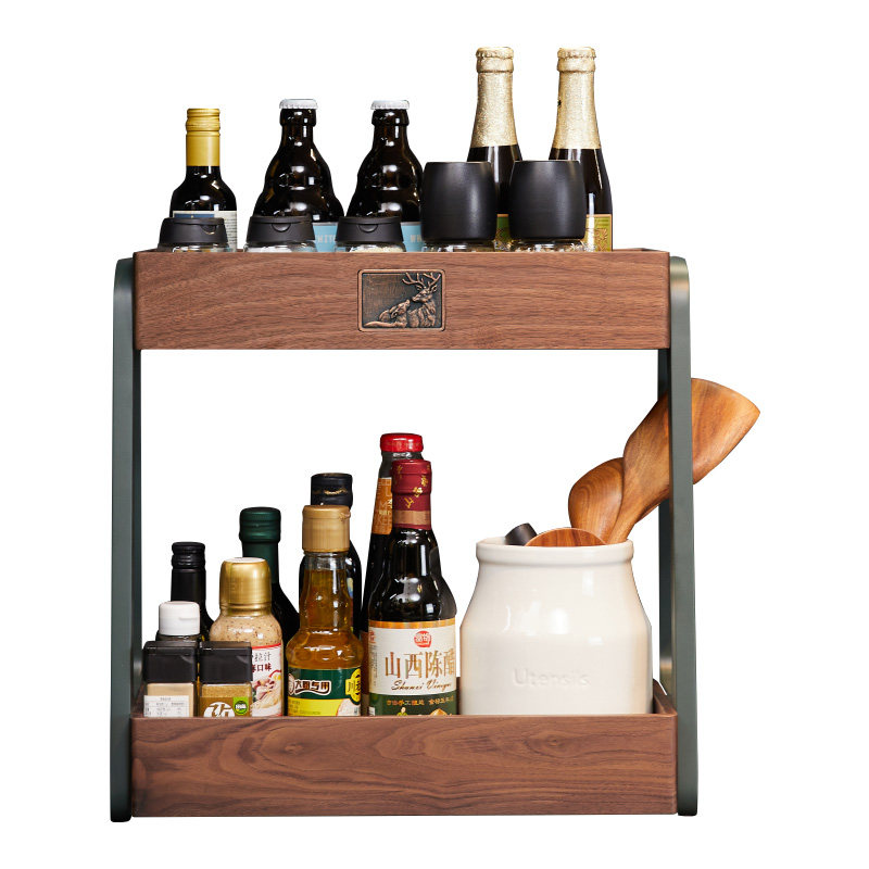 厨房调料品置物架台o面免打孔实木双层放刀架筷子调味料用品收纳