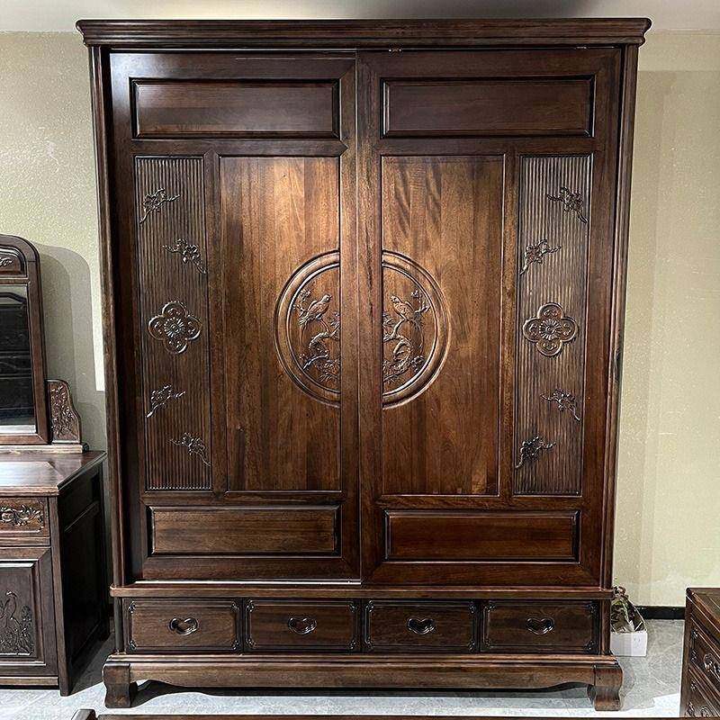 紫檀木实木移门推拉门衣柜明清古典中式仿古主卧室衣橱多层置物柜