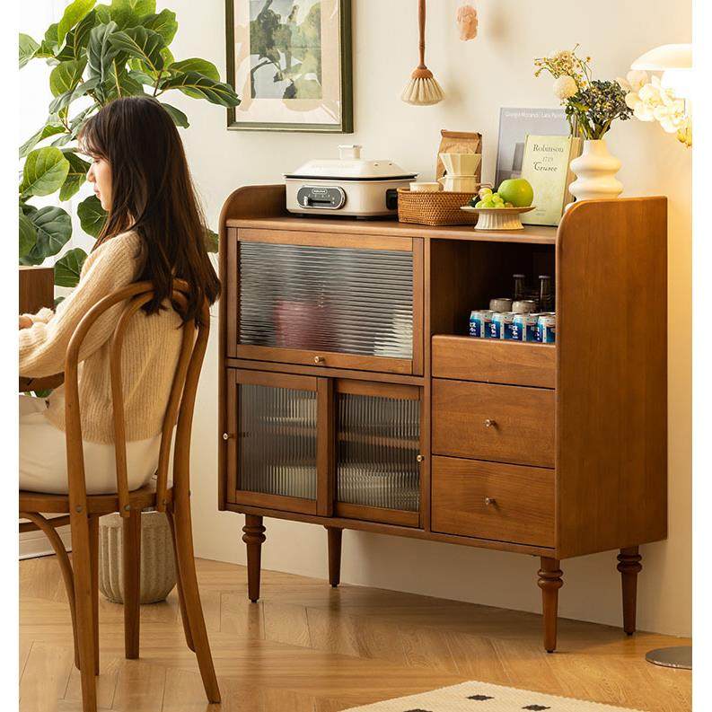 北欧实木餐边柜家用客厅玻璃多功能茶水柜厨房复古碗具收纳储物柜