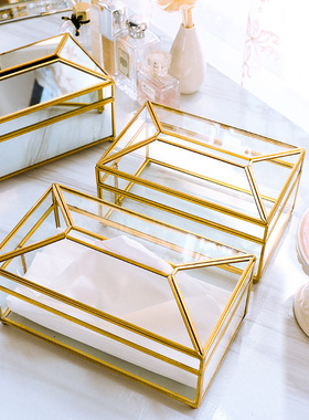 欧式创意餐巾纸抽j盒客厅茶几收纳盒玻璃金色大号收纳纸巾盒抽纸