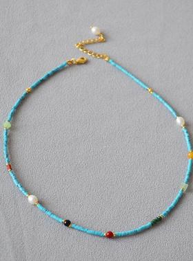 法式Vintage复古西洋宫廷风极细蓝色松石串珠宝石极细项链锁骨链