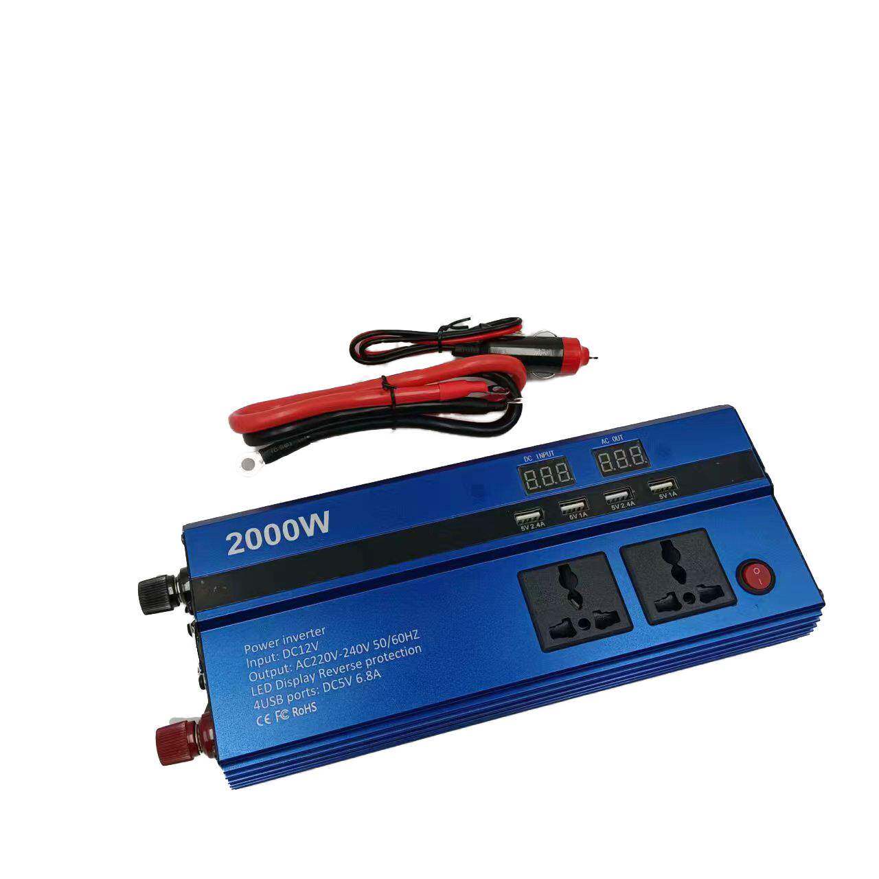 2W蓝色多排插座车载逆变器铝合金外壳12V转220V2显示屏4USB口