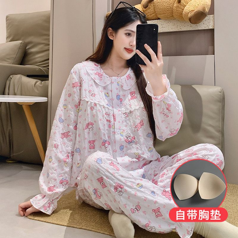 日本品质云朵棉睡衣女带胸垫春秋季娃娃领开衫长袖日系卡通少女家