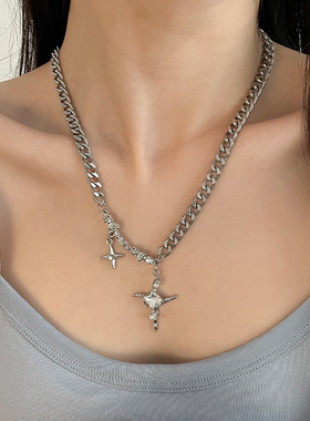 芒星古巴项链男潮酷嘻哈锁骨链女高级感十字架吊坠中性冷淡风饰品