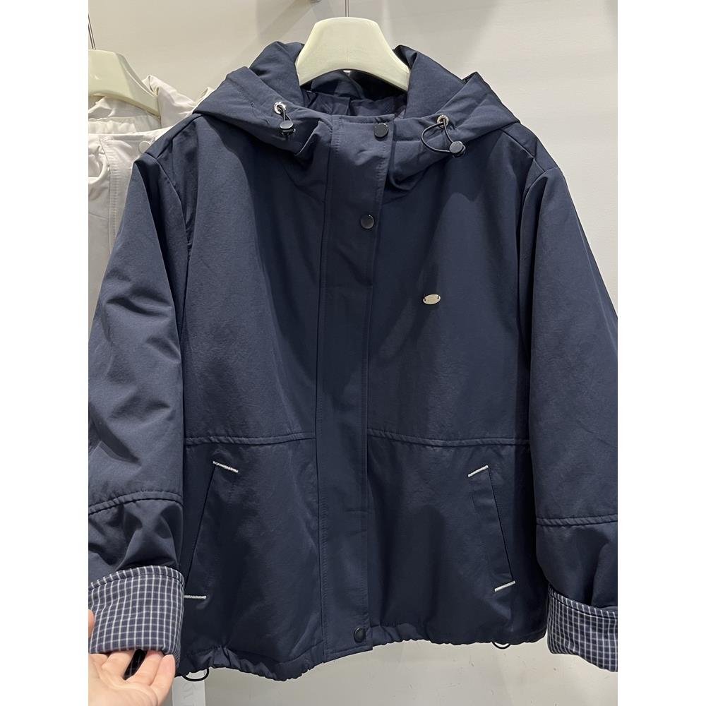 2025秋冬韩版宽松保暖连帽拼接格子袖口棉衣外套夹棉棉服女休闲潮