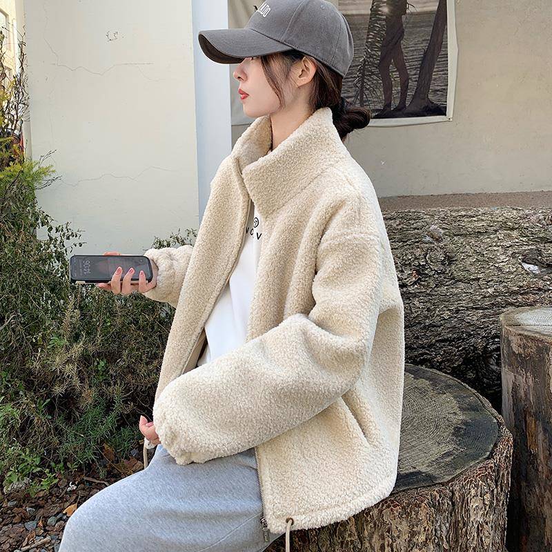 羊羔毛外套女秋冬2025新款宽松休闲立领冬季加厚皮毛一体毛毛上衣