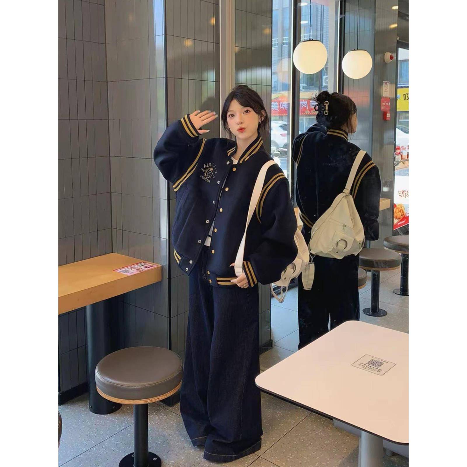 美式百搭夹棉棒球服外套女2025秋冬新款休闲拼色宽松加厚夹克上衣