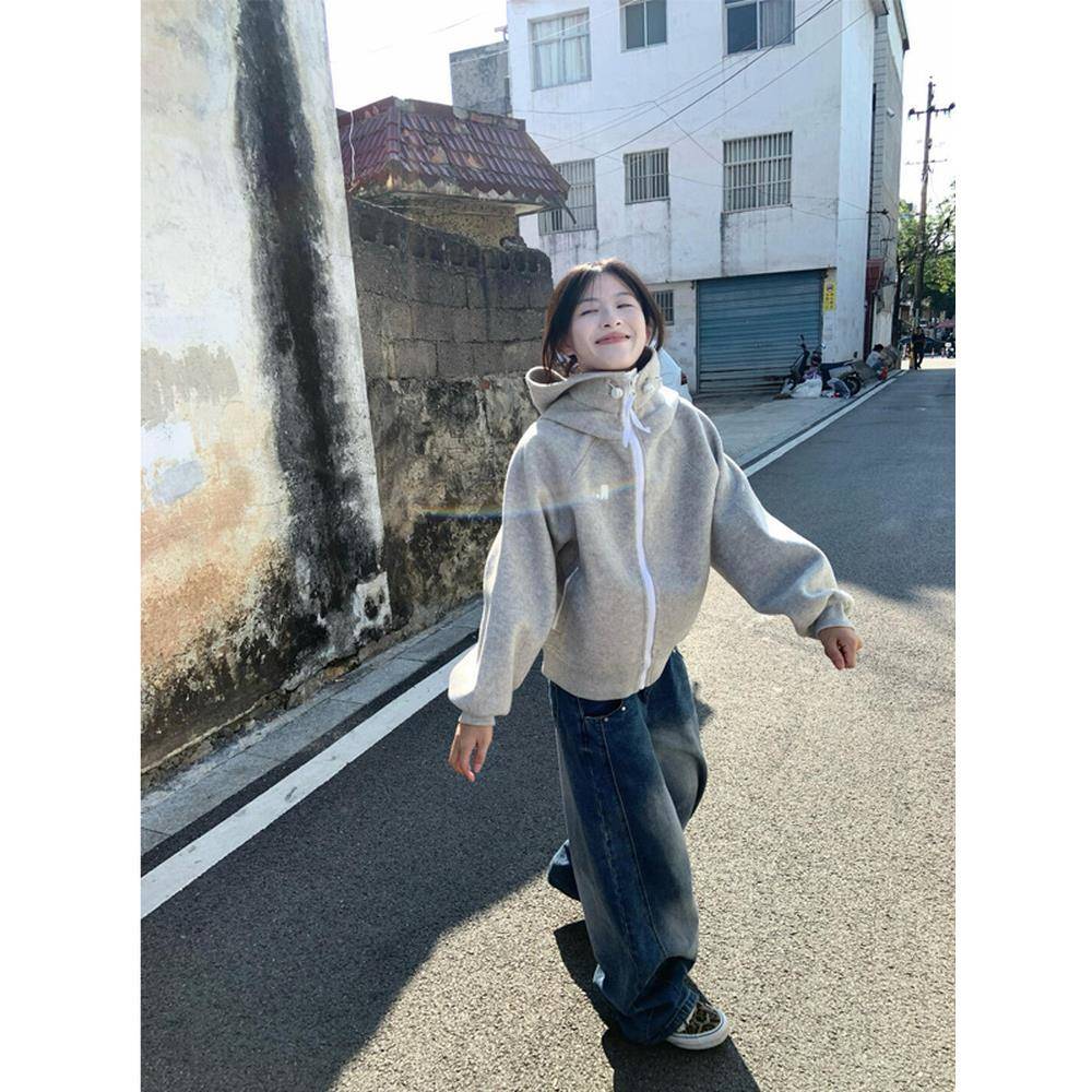 美式覆古潮牌连帽毛呢卫衣外套女秋冬宽松休闲情侣巨好看开衫外套