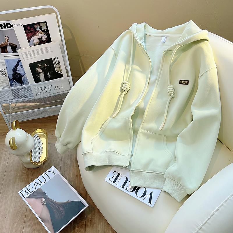 韩系慵懒风浅绿色拉链卫衣开衫女春秋款超好看减龄小个子连帽外套