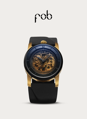 FOB手表男女同款R413法国进口黄金镂空大表盘机械表真皮表带腕表