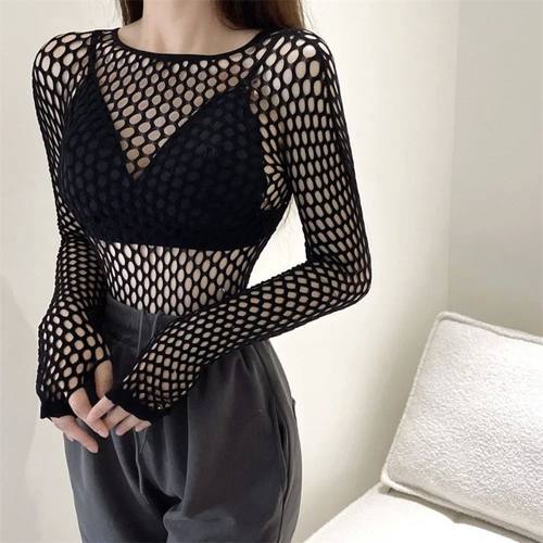 Hollow fishing net long sleeved top for women 镂空长袖上衣女