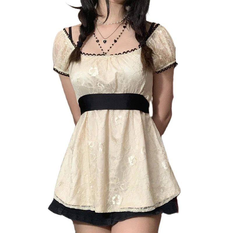 Waist collection mesh lace dress女士短袖收腰网纱蕾丝衫连衣裙