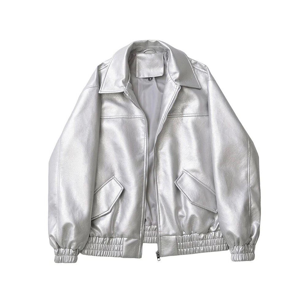 女士纯色拉链皮衣 Solid color zipper leather jacket for women