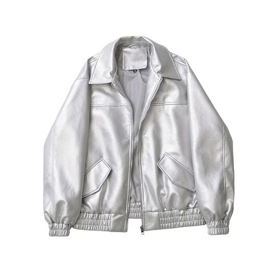 女士纯色拉链亮面皮衣