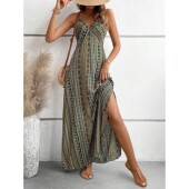 printed beach dress 吊带印花沙滩连衣裙女Strapless with split