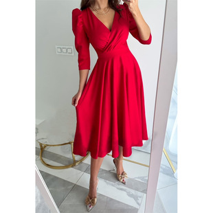 七分袖褶皱连衣裙Seven quarter sleeve pleated dress for women