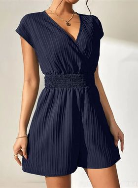 Solid color waist cinched V-neck jumpsuit纯色收腰V领连体裤女