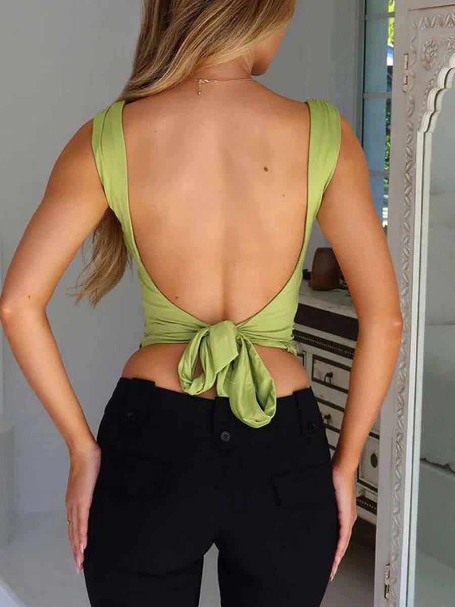 Cross V-neck open back strap strap 纯色交叉大V领露背系带吊带