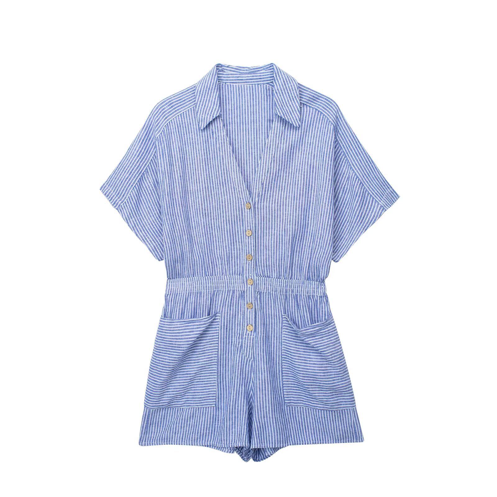 Striped lapel loose casual jumpsuit 条纹翻领宽松休闲连体短裤