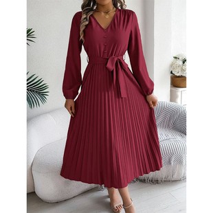 V领纽扣系带连衣裙女 V-neck button up lace up dress for women