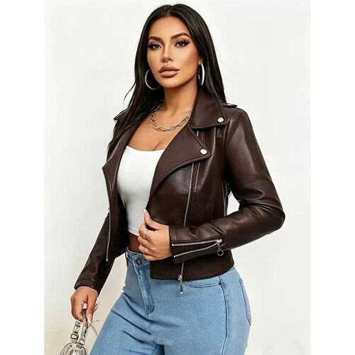 修身短款皮衣外套女士 Slim fit short leather jacket for women
