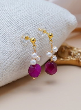 半入云法式甜美少女玫红虎眼石珍珠耳钉925纯银复古国潮耳环50857