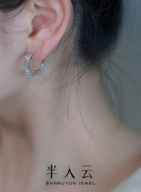 半入云小众设计感清新少女耳环绕海蓝宝c形耳钉925纯银法式50578