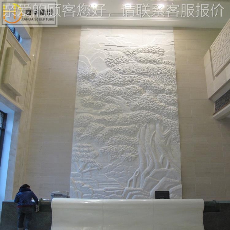 汉白玉大理石雕晚霞红松鹤牡丹浮雕青石地雕别墅庭院外墙装饰壁画图片
