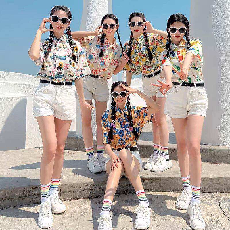 80 90年代怀旧短袖花衬衫女夏季宽松小众文艺复古港风舞蹈服上衣